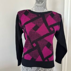 Vintage 80s Jade Imports Bright pink & Black Geometric Knit Boat Neck Sweater.